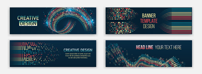 Big data futuristic web background. Visualization of data arrays, databases. Information flow, sorting. Set of Hi-tech banner templates for websites. Abstract social media cover design.