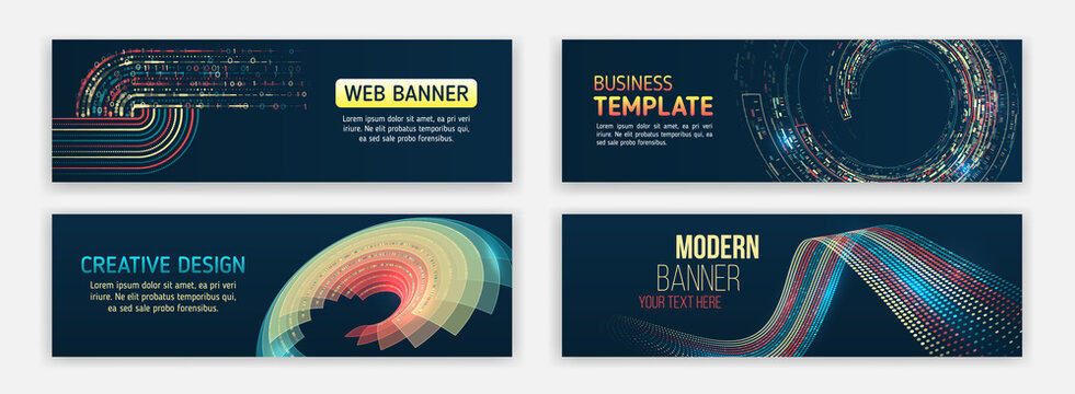 Visualization of data arrays, databases. Information flow, sorting. Set of Hi-tech banner templates for websites. Abstract social media cover design. Big data futuristic web background.