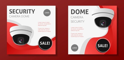 Camera dome security social media post banner set, property safety cam advertisement concept, video surveillance marketing square ad, cctv technology flyer, leaflet, isolated - obrazy, fototapety, plakaty