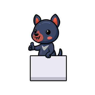 Cute little tasmanian devil cartoon with blank sign and giving thumb up