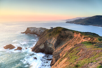 Winter sunset over Marin Headlands near Battery Mendell and Rodeo Beach. Sausalito, Marin County,...
