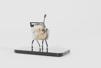 Shopping cart on the phone. Concept of shopping by phone, internet. Online shopping, the latest online shopping technology.