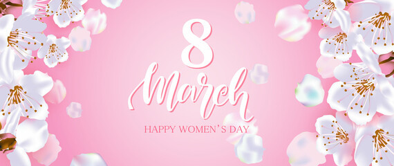8 march modern background design with flowers. Happy women's day stylish greeting card with cherry blossoms. Pink pastel colors. Hand drawn lettering
