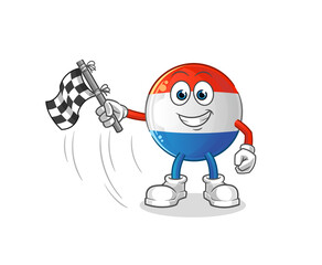 dutch flag hold finish flag. cartoon mascot vector