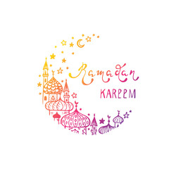 Ramadan Kareem Vector Background. Hand Drawn Crescent Moon, Mosques, Stars, Calligraphy Lettering Phrase. Greeting card template for holy month of muslim community festival Ramadan Kareem