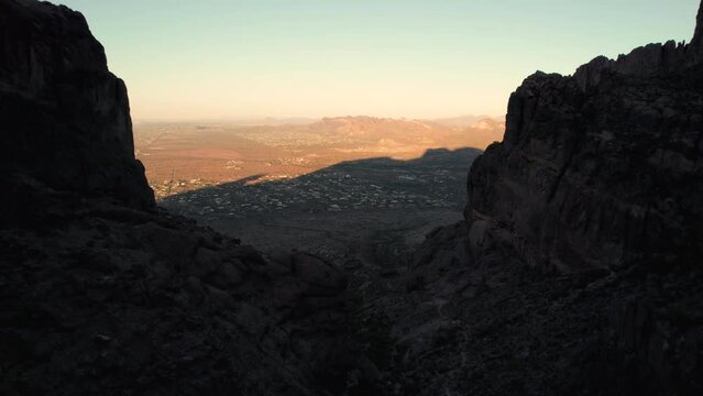 Aerial View in Shadows of Superstition Mountains of Sunrise on Apache Junction