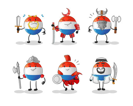 dutch flag warrior group character. cartoon mascot vector