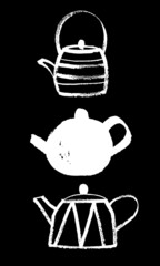 Three teapots. Vector set. Drawing, ink, brush, doodle, sketch. Tea ceremony, China, Japan, East. Isolated, white on black.