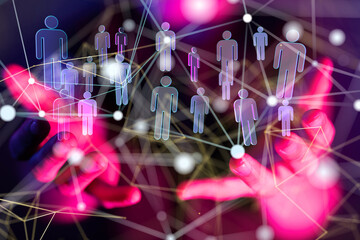 holding 3D rendering group of blue people