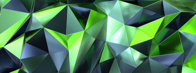 3d render, abstract green-blue metallic crystal background, macro panorama, wide panoramic polygonal wallpaper