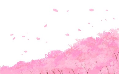 Obraz premium 水彩画。春の桜の並木道と空の風景イラスト。桜の木。空に舞う花びら。春のイメージ背景。Watercolor. Tree-lined road of cherry blossoms in spring and landscape illustration of the sky. Cherry tree. Petals flying in the sky. Spring image background