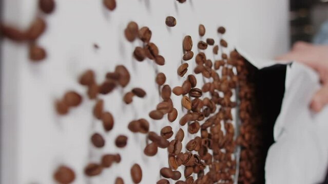 Professional barista opens and throws a white bag of coffee beans on the table. Coffee beautifully crumbles, falling and scatter out of the bag on a table in slow motion close up
