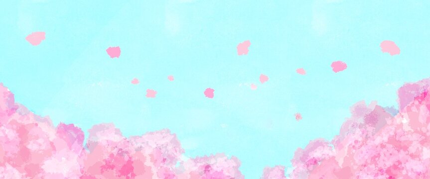 水彩画。春の桜の並木道と青空の風景イラスト。桜の木。青空に舞う花びら。春のイメージ背景。Watercolor. A landscape illustration of a tree-lined road of cherry blossoms in spring and a blue sky. Cherry tree. Petals flying in the blue sky. Spring im