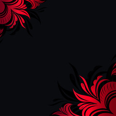 Black background with graceful stylized red flowers in the corners, a template for covers, postcards, congratulations, invitations to events, advertising in fashion, cosmetology, floristry. Vector