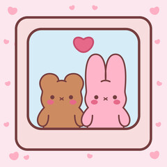 Cute pink  bunny with bear. Children's character. Animal character design.Valentine's day.Love.Heart.Isolated.Art.Vector.Illustration.