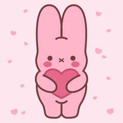 Cute pink  bunny with big heart. Children's character. Animal character design.Valentine's day.Love.Heart.Isolated.Art.Vector.Illustration.