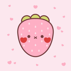 Kawaii strawberry with face, hearts  Berry Cute. Funny fruit pun illustration, cute and simple doodle style drawing.