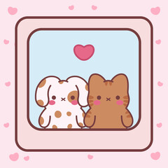 Cute dog with cat. Children's character. Animal character design.Valentine's day.Love.Heart.Isolated.Art.Vector.Illustration.