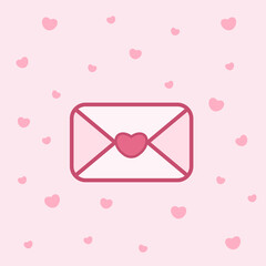 Vector romantic red envelope icon. Inside the envelope is a card with a heart. Love letter illustration in flat style.