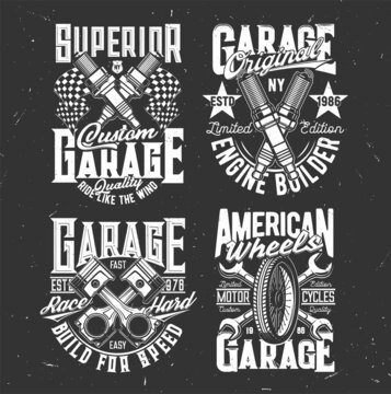 Tshirt prints vector car or motorcycle parts crossed engine valves, wheel and wrench for apparel design. Labels with typography, t shirt print, garage station or bikers club isolated monochrome emblem
