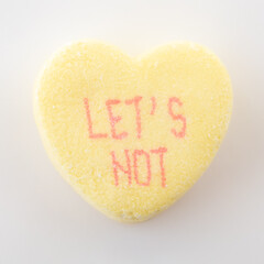 Conversation hearts on white background flat lay.