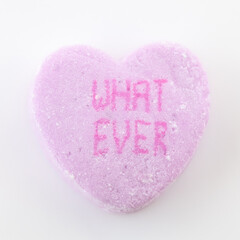 Conversation hearts on white background flat lay.