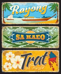 Rayong, Sa Kaeo and Trat Thailand provinces grunge plates. Thailand territory vintage travel stickers, tin signs with ornaments, boats and ships sailing in sea, province map silhouette, almond flowers