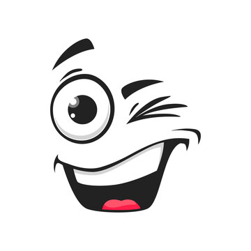 Cartoon smiling face with wink eye, funny vector blink emoji with toothy smile mouth. Happy facial expression, positive feelings, cheerful cute character isolated naughty personage
