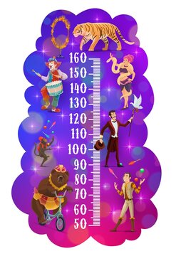 Kids height chart. Circus animal trainers handlers on growth meter, vector height ruler. Funfair carnival or shapito circus illusionist, magician, bear on bicycle, clown with drum and monkey juggling