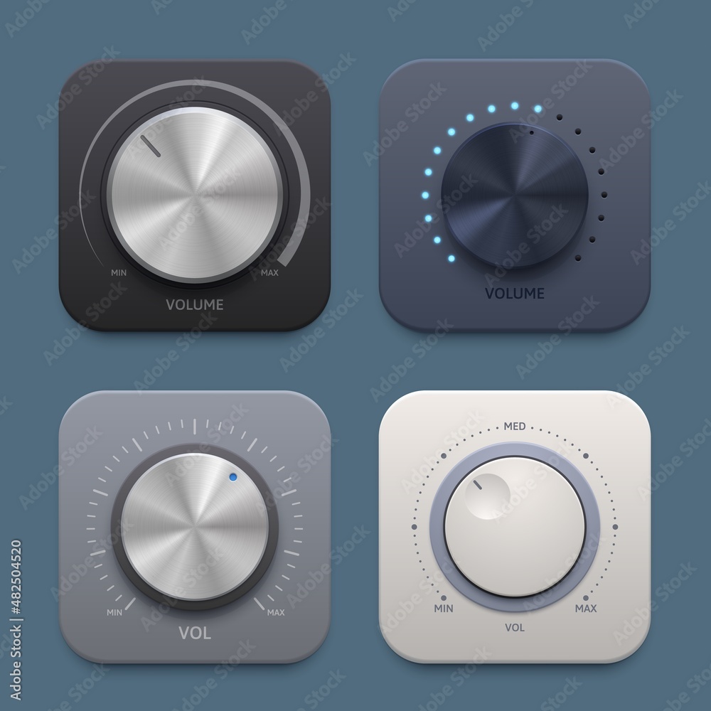 Poster Music and sound volume knob button icons. Metallic round tuner, audio stereo system vector 3d isolated knob button for mobile application, website ui graphic. Min or max sound level, audio player app
