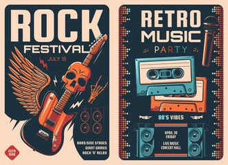 Rock festival and retro music party posters of vector microphone and electric guitar with skull and wing. Old cassette tapes, loudspeakers, equalizer sound waves and lightnings invitation banners