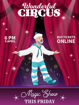 Shapito circus poster. Cartoon sailor clown character vector flyer with jester performing magic show on stage with curtains and spotlights. Artist performer funster in sailor costume on circus stage