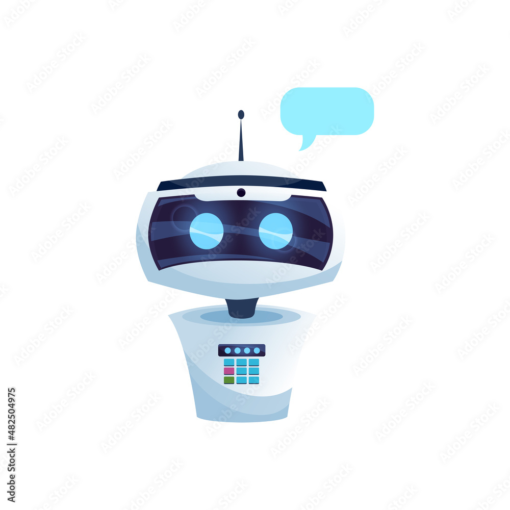 Leinwandbilder Chatbot robot helper, virtual artificial intelligence digital app assistant with speech bubble or message sign. Vector messenger service line operator, online helper mobile application ai support bot