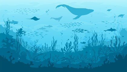 Ocean underwater landscape, seaweed and reef, fish school, whale silhouette. Sea bottom landscape, seafloor seascape vector background with ocean flora and fauna, corals, sea animal silhouettes