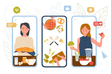 People cooking and baking online vector illustration. Cartoon woman blogger holding fresh bread and pie, slicing vegetables on screen of mobile phone. Cooking show, chef channel, master class concept