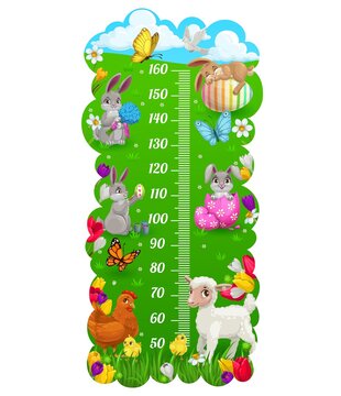 Kids height chart with cartoon Easter bunny and eggs, vector growth meter background. Kids height chart or baby measure scale with Easter eggs and bunny on green grass and spring flowers