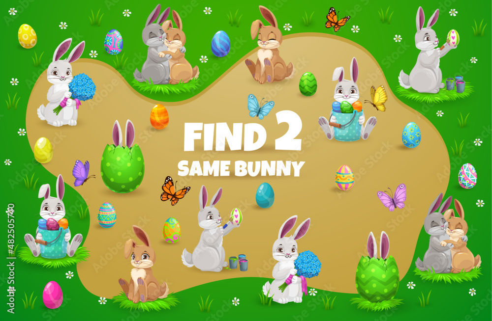 Aufkleber easter kids game with cartoon bunnies and eggs. vector education puzzle, memory game or matching rid