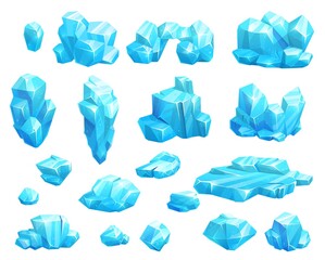 Cartoon frozen ice crystals and icicles, blocks and icebergs, magic stones game asset. Vector blue iced floes, salt mineral or cave stalagmites. Cap snowdrifts winter elements, ice crystal glass set