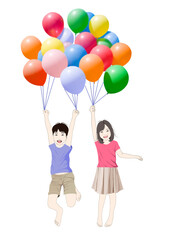 風船で空を飛ぶ男の子女の子