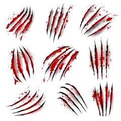 Claw marks with blood scratches, tiger or panther beast animal paw nails, realistic vector background. Wild cat or lion and bear claw slashes, monster werewolf scratches and shreds with blood stains - obrazy, fototapety, plakaty