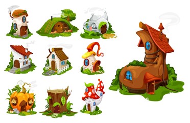 Cartoon fairytale houses and dwelling, fantasy isolated vector buildings. Pumpkin, tree stump, old boot and cozy cottage. Fairy, gnome or elf cute homes in fly agaric mushroom, hillock and teapot set