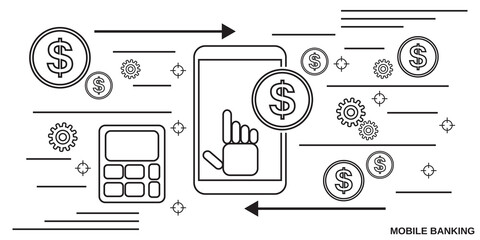 Mobile bank, e-banking thin line art style vector concept illustration