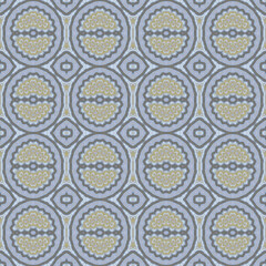 Abstract geometric mosaic seamless pattern, gray-blue-yellow color. Kaleidoscopic background for trendy textiles. Design for fabric, wallpaper, paper, cover, weaving, packaging, tiles, ceramics.