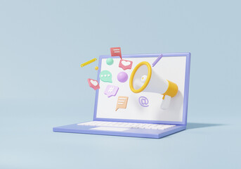 Social media concept. laptop and megaphone notification digital marketing minimal cartoon style with talk, chat, comment, 3d render illustration