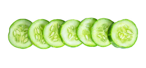 Cucumber slices in a row isolated on white background