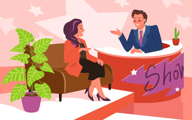 Studio interview and discussion with celebrity guest in TV show vector illustration. Cartoon man presenter and female character talk, woman sitting in chair. Journalism, television channel concept