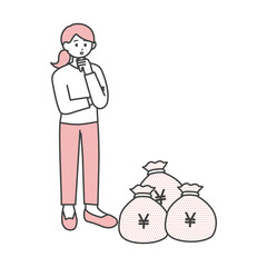 若い女性がお金の袋を眺めているイラスト素材