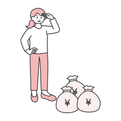 若い女性がお金の袋を眺めているイラスト素材