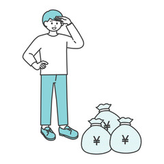 若い男性がお金の袋を眺めているイラスト素材