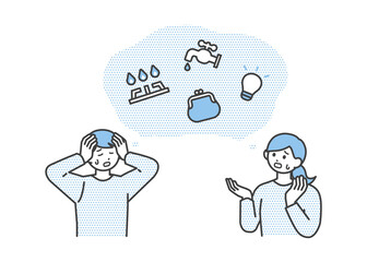 若い男性と女性が光熱費について考えているイラスト素材